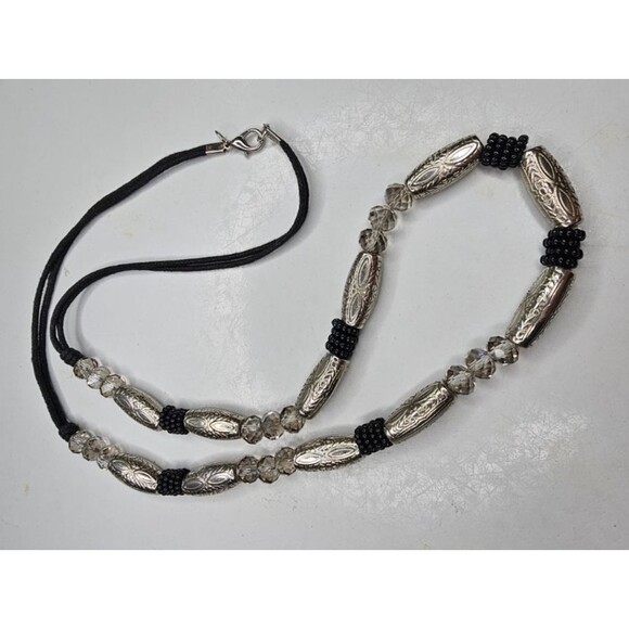 Facet Cut Glass, Embossed Metal and Black Seed Bead Waxed Corded Necklace 34"L - Picture 3 of 3